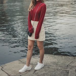 Cream leather pencil mini skirt